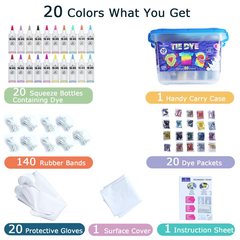 WINSONS Tie Dye Kit 20 Colors Permanent Fabric Dye Art Set for Kids Adults for School, Homemade Party, Creative Groups Activities, DIY Gift - Image 2